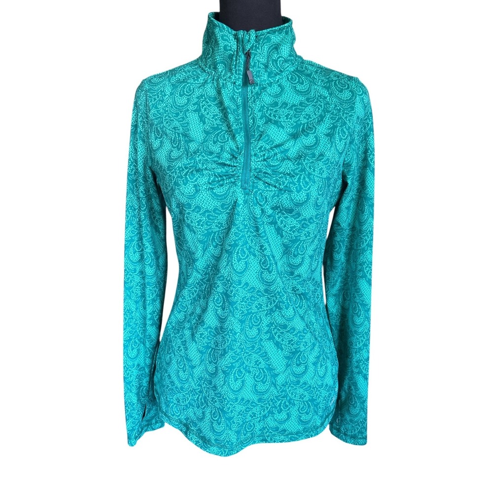 Eddie Bauer Green Paisley Lace Print Ruched Front 1/4 Zip Pullover, Medium, Gorp